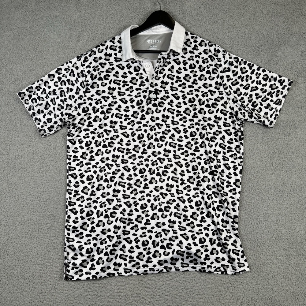 Pins And Aces Polo Mens 2XL White Leopard Print Golf Performance Stretch Shirt